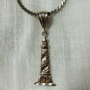Vintage Stamped Sterling Lighthouse pendant necklace spring clasp 25”.